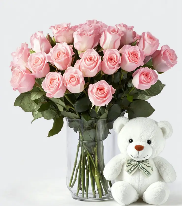One dozen pink roses & Bear