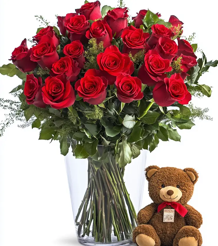2 Dozen Red Roses & Bear