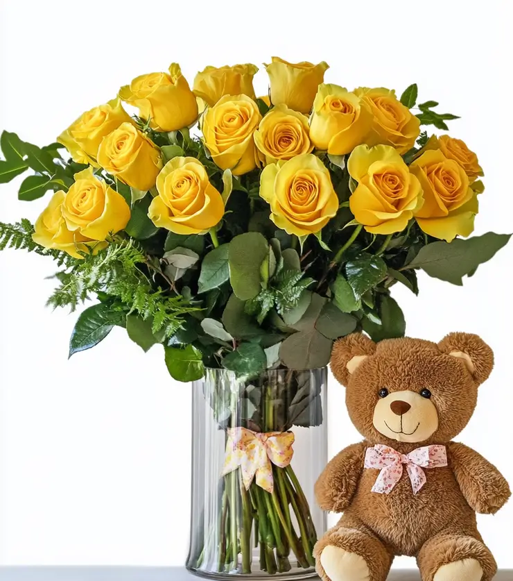 Dozen Yellow Roses with Bear