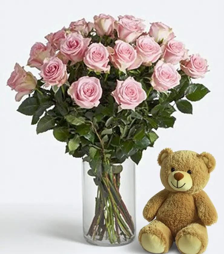 Dozen Pink Roses with Bear