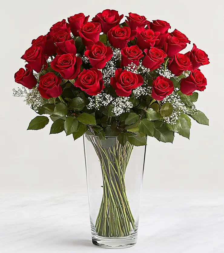 A Stunning Arrangement of Two Dozen Red Roses