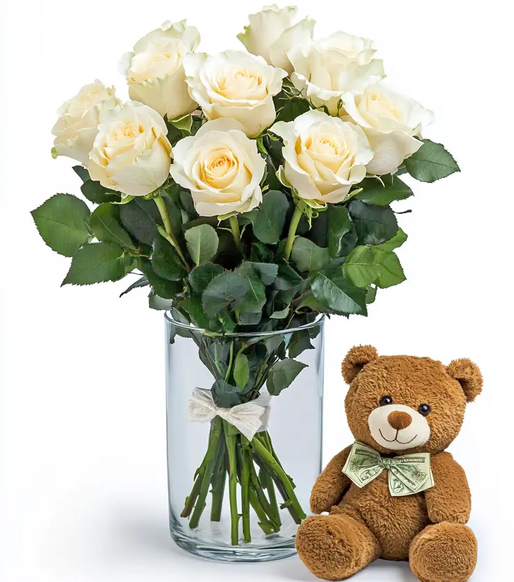Six White Roses and Bear